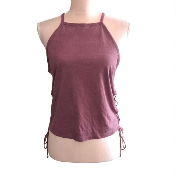 AEO Mauve Suede High Neck Lace Up Sides Crop Tank Top Large - Picture 1 of 16